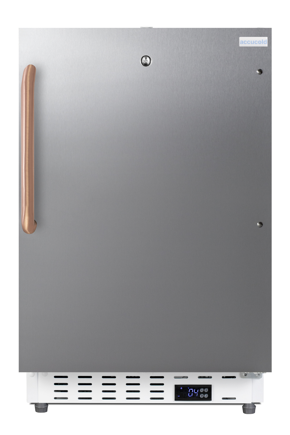 Built-in undercounter ADA compliant +2 C to +8 C all-refrigerator with white cabinet and stainless steel door, pure copper towel bar handle, lock, digital controls, wire shelving, hospital cord with 'green dot' plug, factory installed access port, and automatic defrost operation
